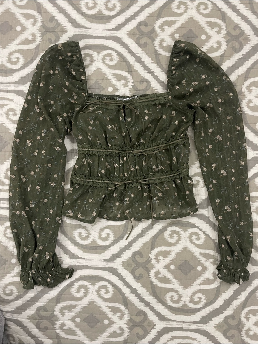Olive Green Floral Square-Neck Blouse crop top